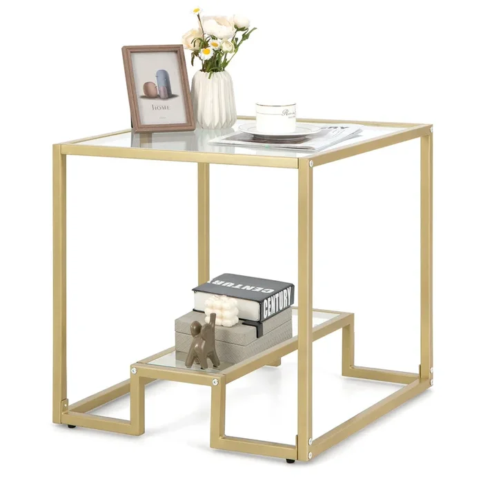 22 Inch 2-Tier Square Sofa Side Table with Tempered Glass Tabletop