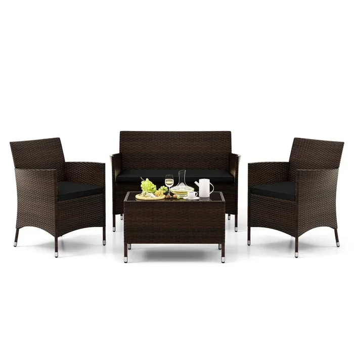 4 Pieces Rattan Sofa Set with Glass Table and Comfortable Wicker for Outdoor Patio