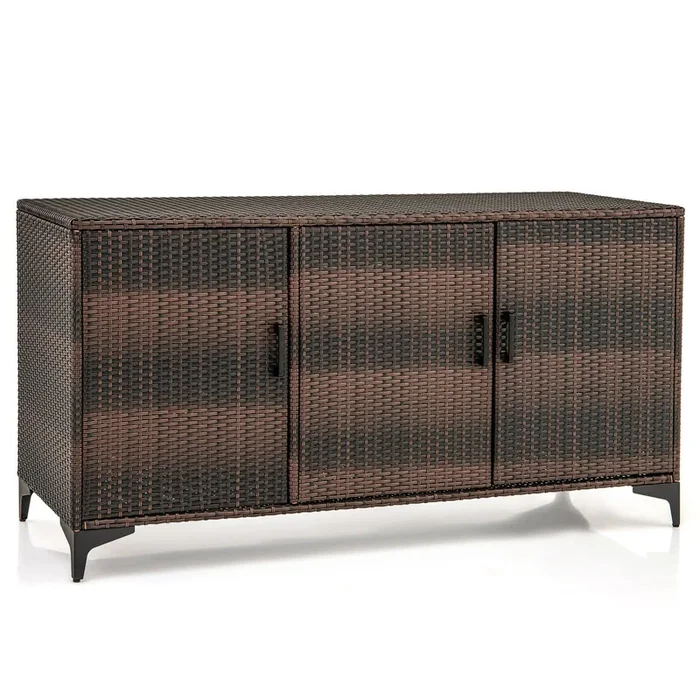 84 Gallon Patio Wicker Deck Box 3-Door PE Rattan Storage Container with Removable Shelves