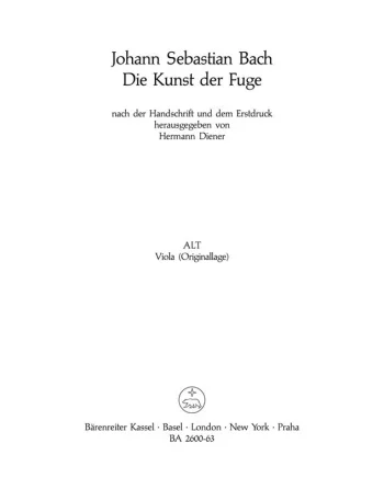 Bach J. S. : Art Of Fugue BWV 1080 Viola Part (Alto) (Version For Viola Quartet) (Barenreiter)
