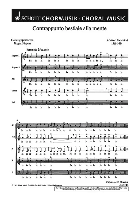 Banchieri, Adriano : Banchieri, Adriano : Contrappunto bestiale alla mente, Cappricciata und Contrappunto – mixed choir (