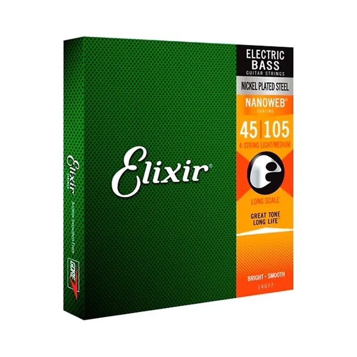 Cuerdas de Bajo de 4 Cuerdas de Acero Niquelado Elixir con Recubrimiento NANOWEB, Escala Larga, Ligera (.045-.105)