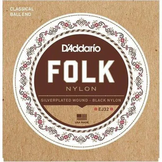 D’Addario EJ32 Folk Nylon, Extremo esférico, Entorchado plateado/Nylon negro agudos