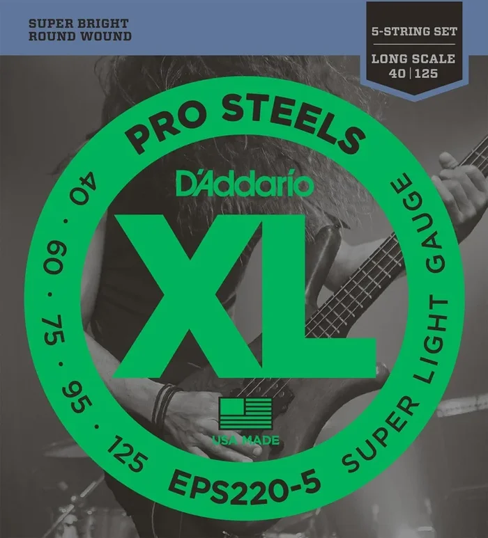 D’Addario EPS220-5 5-String ProSteels Bass Guitar Strings, Super Light, 40-125, Long Scale