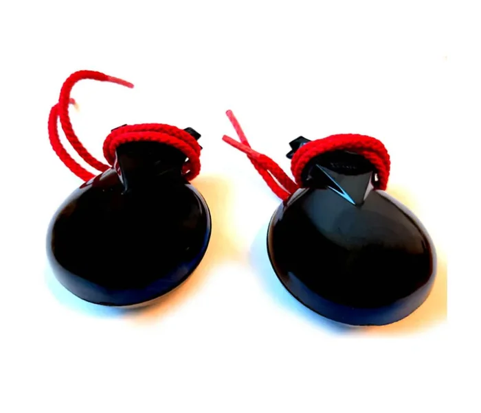 Danmar Castanets – Black Bakelite – Two Pairs With Red Cords
