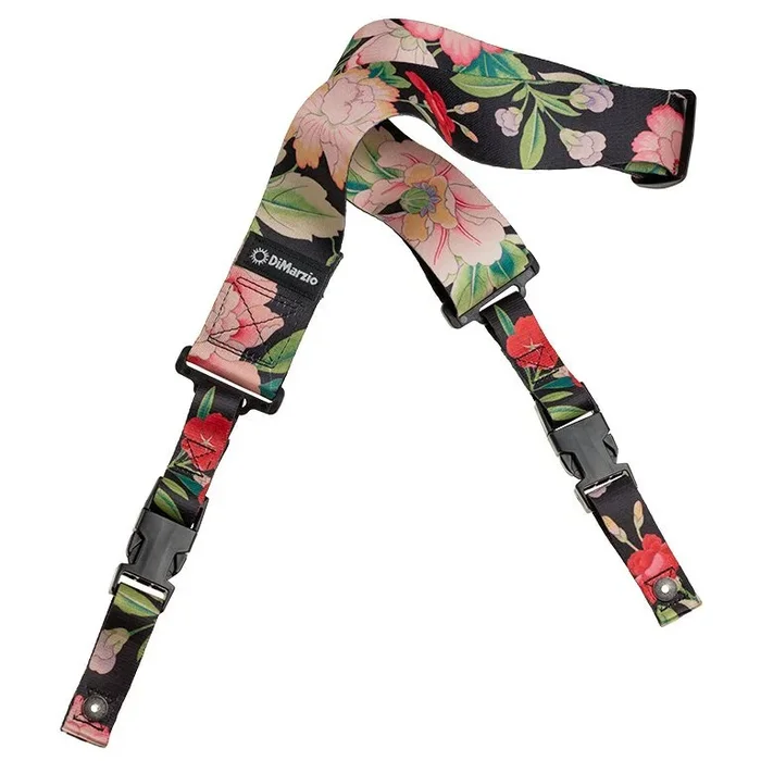 DiMARZIO Botanical pattern over a black background. Steve Vai Botanical 2 inch Cliplock nylon guitar strap.