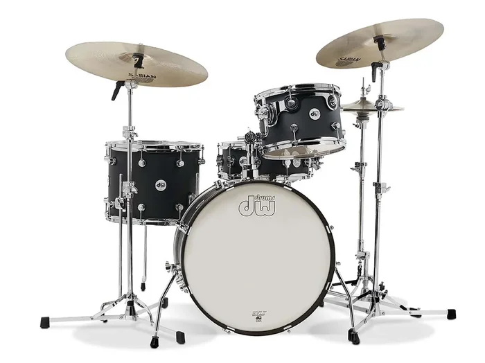 DW Design Series Frequent Flyer 4 Piece Maple Shell Pack Black Satin Lacquer w/ Chrome Hardware; 8×12 11×14 12×20 5×14