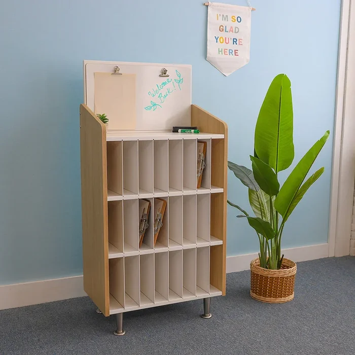 ElevatED™ Modern Classroom Mail & Message Center | White Oak Teacher Communication Hub with 24-Slot Organizer & Dry Erase Board