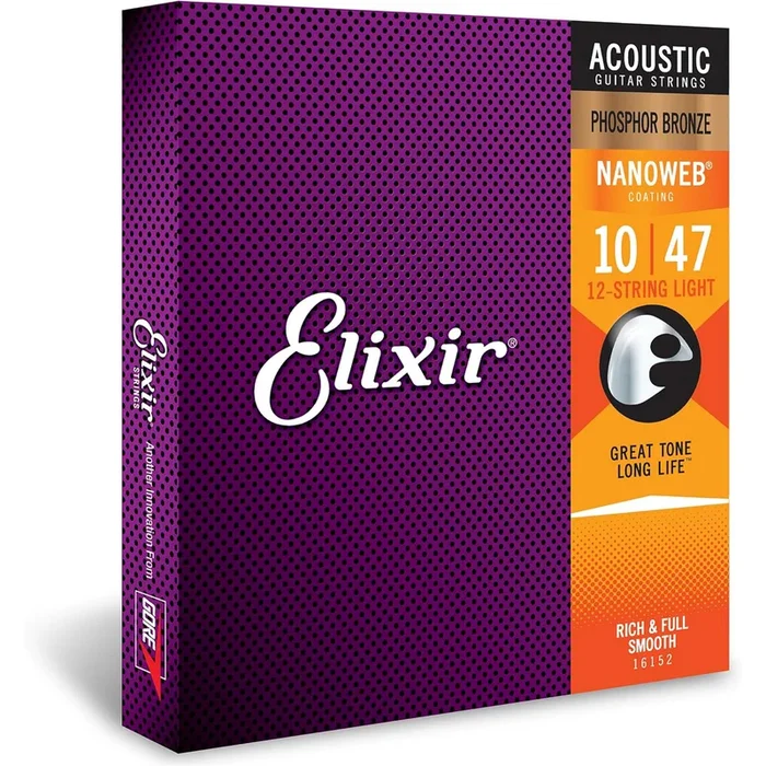 Elixir Strings 16152 Nanoweb Phosphor Bronze Acoustic Guitar Strings – .010-.047 12-string Light