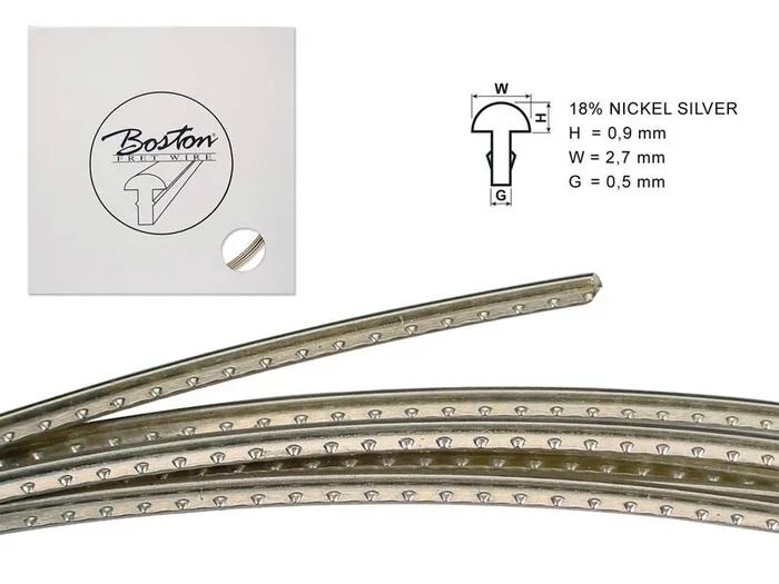 Fretwire, 5 m., 18% nickel silver, h=0,9 w=2,7 g=0,5mm, alternative for 6130, med. jumbo, vintage L