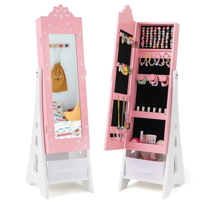 Kids Jewelry Cabinet with Full-Length Mirror and Foldable Drawer