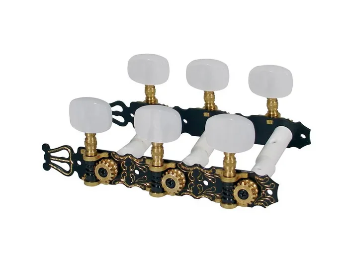 Machine heads for classic guitar, nylon shaft, 3x left+3x right, 70mm, pearloid, black engraved