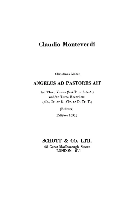 Monteverdi, Claudio : Monteverdi, Claudio : Angelus ad pastores ait, Christmas Motet – soloists (SAT/SAA) and 3 recorders