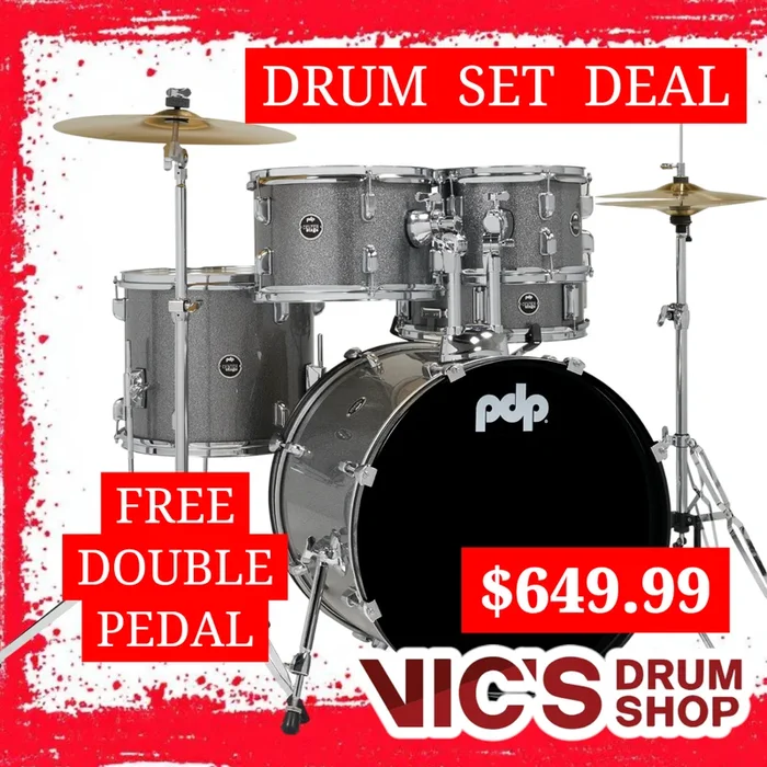 PDP Center Stage Silver Sparkle 5pc Kit 7×10 8×12 12x14F 14×20 5×14 Snare. Hardware Cymbals & Throne Included