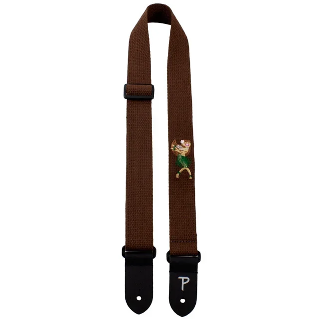Perris 1.5″ Cotton Ukulele Strap in Brown with Hula Dancer Embroidery & Leather Ends