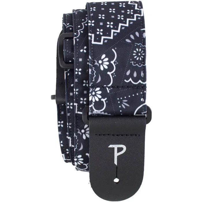 Perris 2″ Fabric Guitar Strap in “Black Bandana” Design with Black Leather Ends