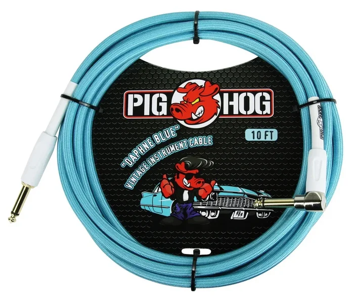 Pig Hog Instrument Cable 10ft Right Angle, Daphne Blue