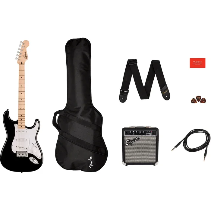 Squier Sonic Stratocaster Pack – Maple Fingerboard, Black, Gig Bag, 10G – 120V