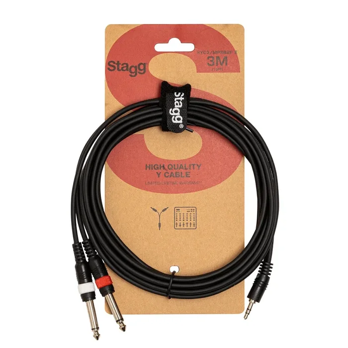 Stagg 3m 3.5mm Male Jack – 2x 6.3mm Jack Y-Lead – Black