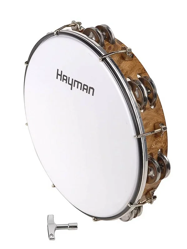 Tambourine, plastic drum head, tunable, wood grain plastic, 10″, 7 x 2 zils