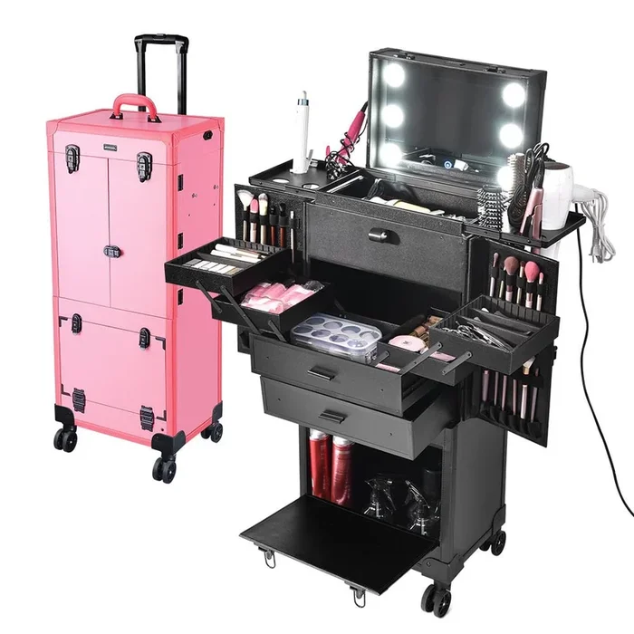 TheLAShop Pro Artist Rolling Makeup Case w/ Tact Switch Lights & Mirror