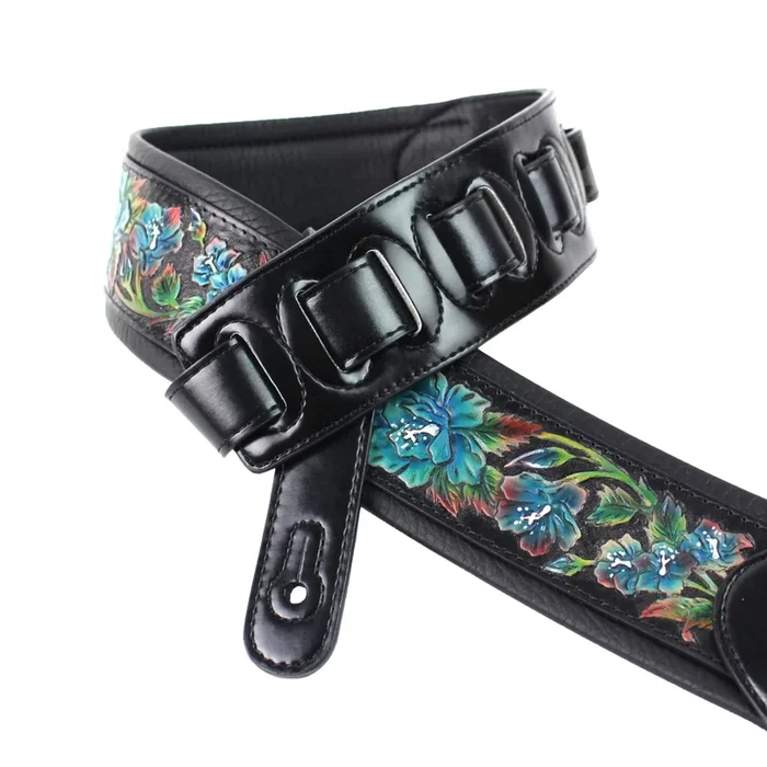 Walker & Williams Grain Leather Guitar Strap w/Carved Cyan Blue Roses in Gloss Black – KB11