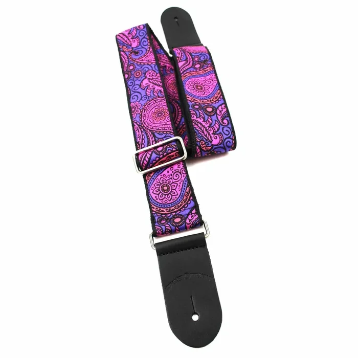 Walker & Williams Vintage Modern Guitar Strap Hot Magenta And Purple Paisley Design Chrome Hardware & Leather Ends – JK08