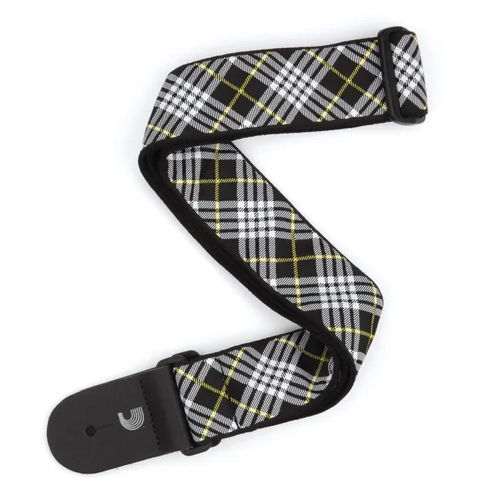 Woven Guitar Strap, Tartan – Black, White, and Yellow, by D’Addario
