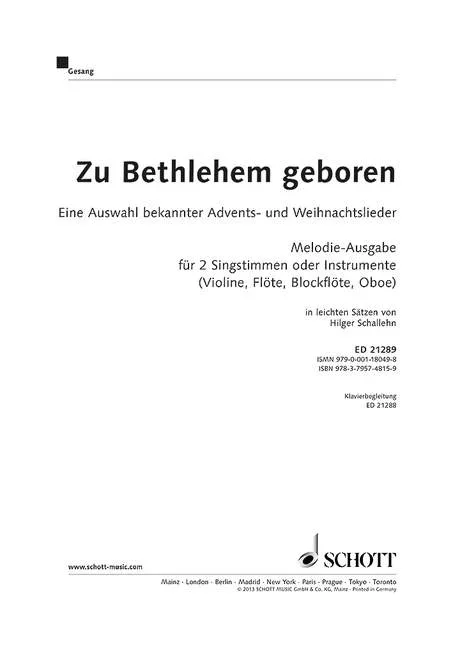 Zu Bethlehem geboren, Eine Auswahl bekannter Advents- und Weihnachtslieder – 2 voices or for two par